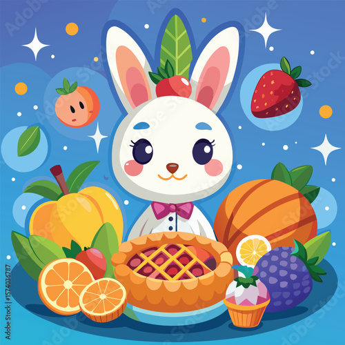Cute cartoon Easter bunny with colorful eggs, flowers, and a basket, perfect for a happy spring holiday illustration