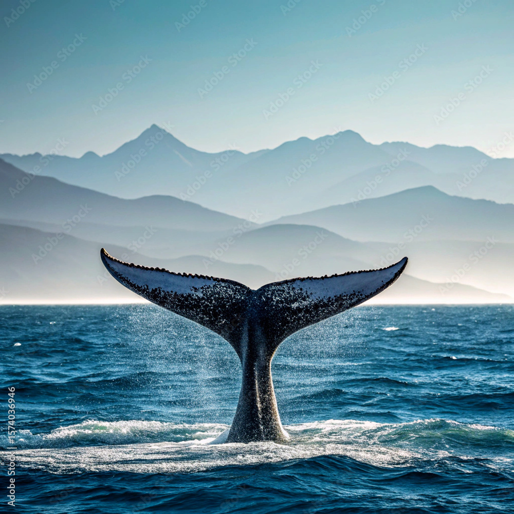Fototapeta premium Majestic whale tail emerges from the ocean waves with misty mountains in the background
