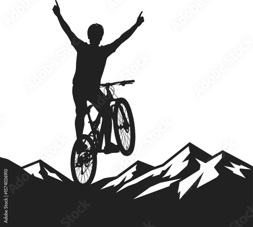Dynamic Mountain Biker Silhouette - Rider on Mountain Peak Vector