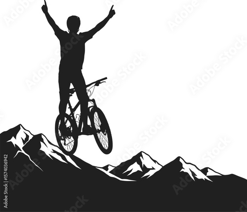 Dynamic Mountain Biker Silhouette - Rider on Mountain Peak Vector