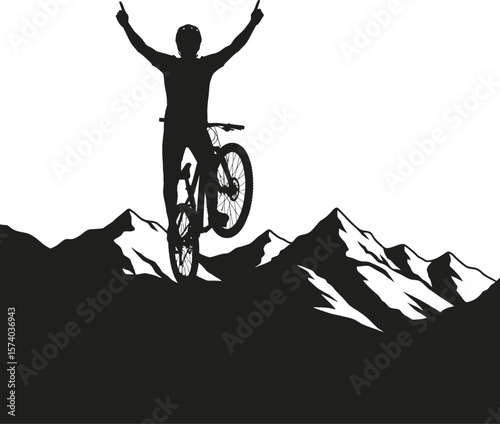 Dynamic Mountain Biker Silhouette - Rider on Mountain Peak Vector