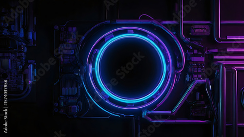 Dark black background with glowing blue and purple neon light accents, soft reflections, and a sleek futuristic look. Modern and stylish composition with space for placing electronic products or brand