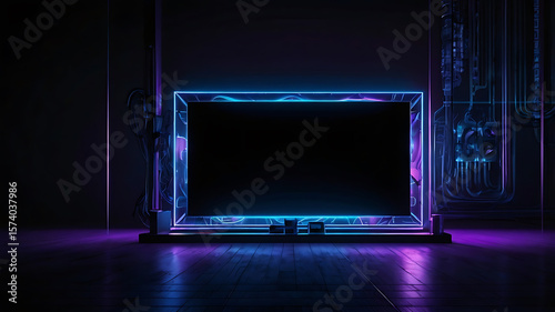 Dark black background with glowing blue and purple neon light accents, soft reflections, and a sleek futuristic look. Modern and stylish composition with space for placing electronic products or brand