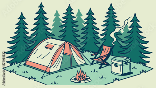 Winter camping scene in snowy forest with pine trees and mountain landscape