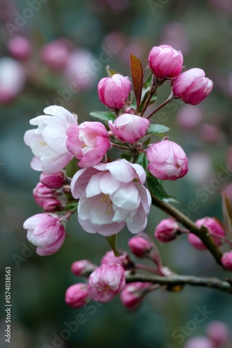Delicate pink and white Malus Evereste crabapple blossoms clustering on branch, highlighting spring's gentle flowering season