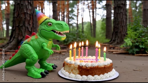 funny toy t-rex dinosaur birthday in forest, with cake and candles, birthday celebration 4K