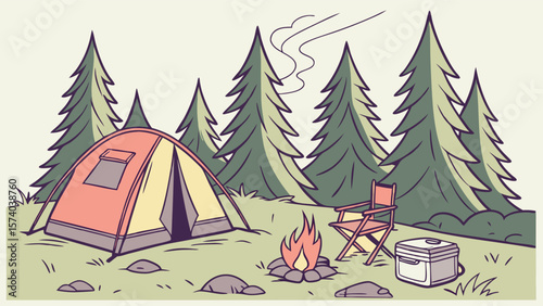Winter camping scene in snowy forest with pine trees and mountains