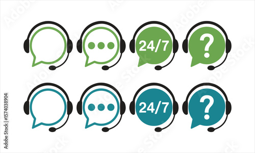 Customer Support Icons with Headset and 24/7 Live Chat Symbols