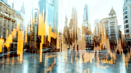 Financial district, cityscape with stock market chart overlay