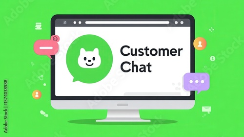 Customers concern service concept. Online customer chat interface on a computer screen with vibrant green background.