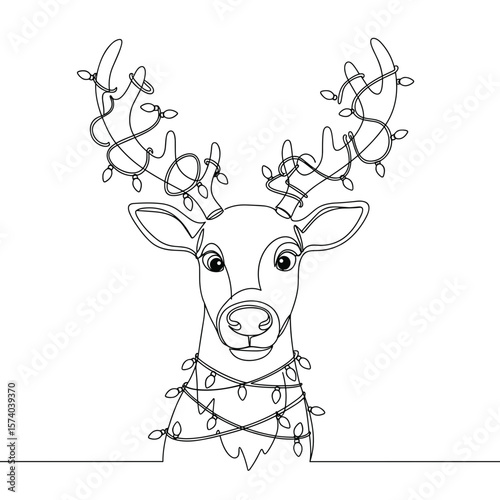 Christmas reindeer with lights and decorations in line art style  