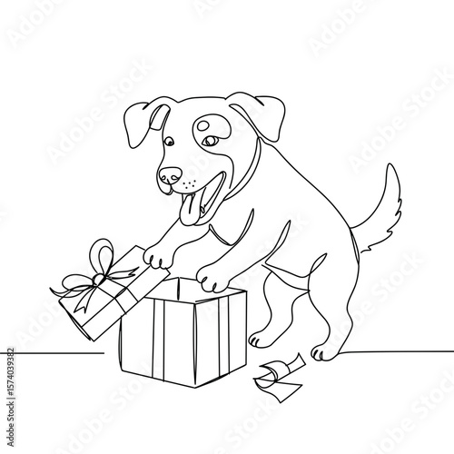 Playful dog unwrapping a gift box with excitement at home  