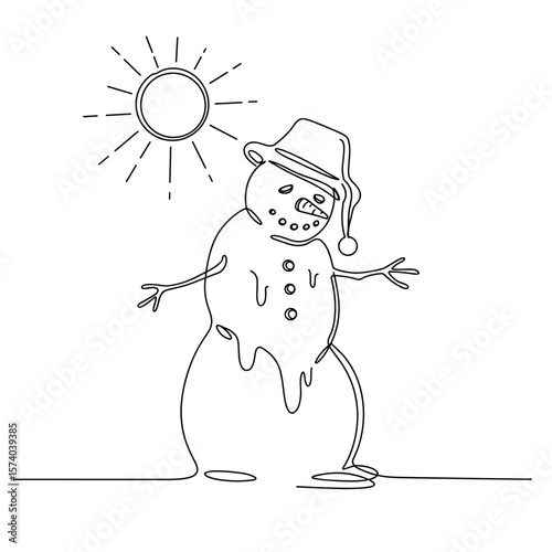 Melting snowman with a hat and sun in the background  