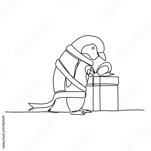 Penguin wrapping gift with ribbon in Christmas line art design  