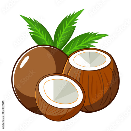 Fresh Whole and Cut Coconuts with Leaves - Tropical Fruit Vector