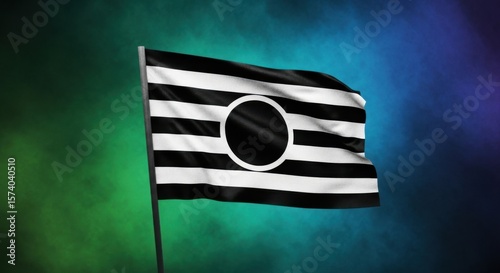 Distinctive Horizontal Striped Flag With Central Black Circle Emblem on a Green and Purple Hazy Background photo
