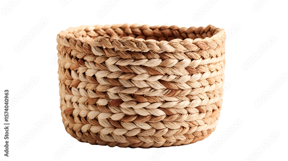 Obraz premium A woven basket made of natural fibers sits on a black background in a studio setting indoors