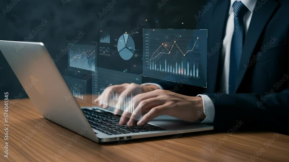 Data analysis by a professional businessman utilizing a laptop to engage with interactive holographic charts and graphs, showcasing real-time financial information and business analytics for strategic