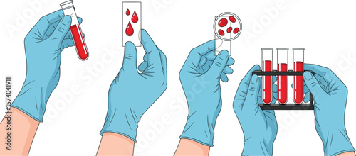 Illustration of hands in gloves holding blood samples and test tubes with blood