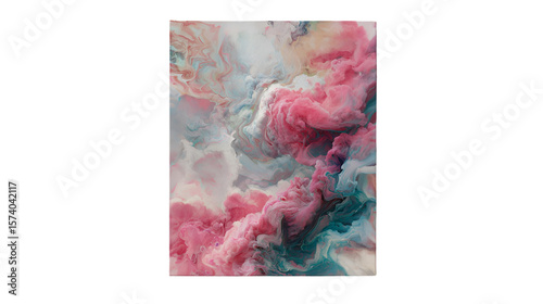 Abstract painting featuring soft pink and blue hues blended together in a cloud like formation