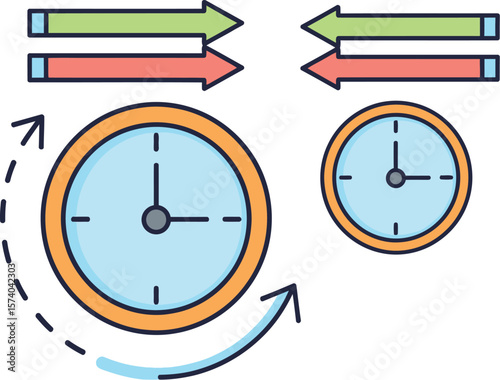 Illustration showing two clocks with arrows indicating time and directionality