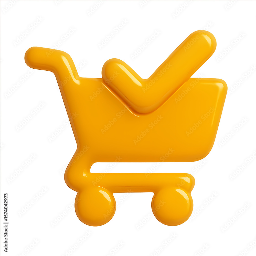 3D shopping cart icon with check mark in glossy yellow style, ideal for e-commerce, online shopping, and digital transactions 3D shopping cart icon with check mark in glossy yellow style, ideal for e-commerce, online shopping, and digital transactions