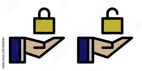 icon set of an open hand holding a padlock and an unlocked padlock. The closed lock represents security, privacy, or restriction, while the open lock symbolizes access, permission, or unlocked content