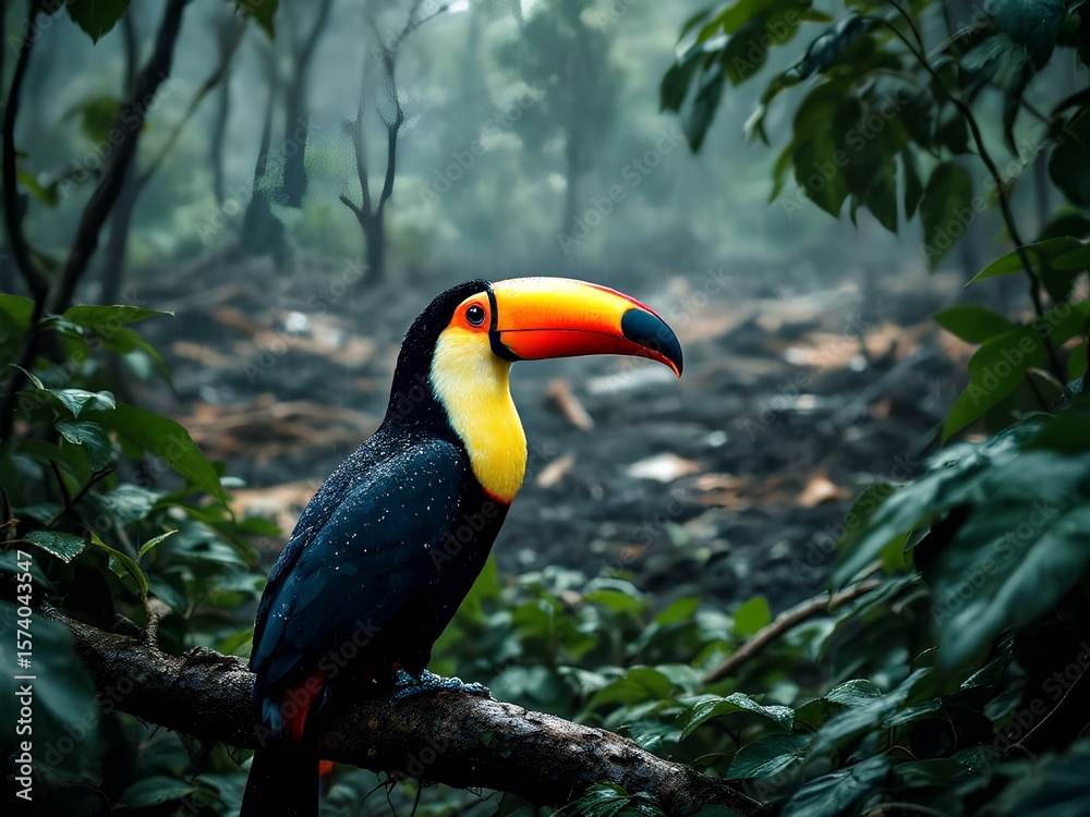 Portrait of a Toco Toucan Perched in a Misty, Rainy Jungle Portrait of a Toco Toucan Perched in a Misty, Rainy Jungle