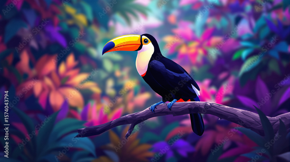 Fototapeta premium Colorful toucan perched on a branch in a vibrant jungle.