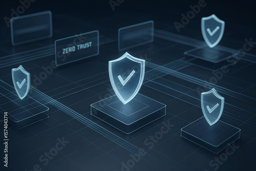 Zero trust cyber security network showing data protection and secure digital connection with glowing shield icon
