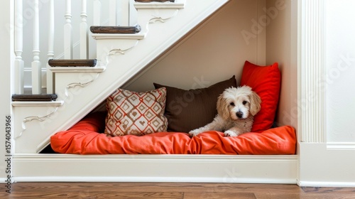 Cozy Dog Lying on Bright Red Cushion in Stylish Under-Stair Nook with Decorative Pillows