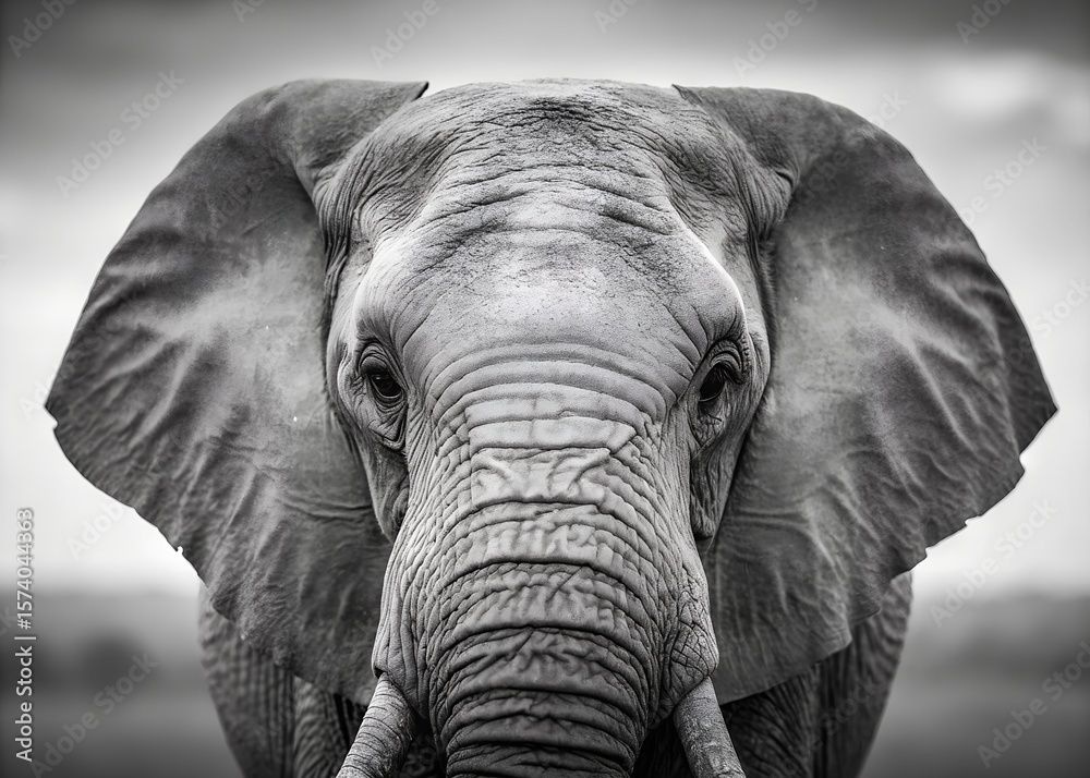 Naklejka premium A close-up grayscale portrait reveals the intricate skin texture and wise gaze of an elephant.