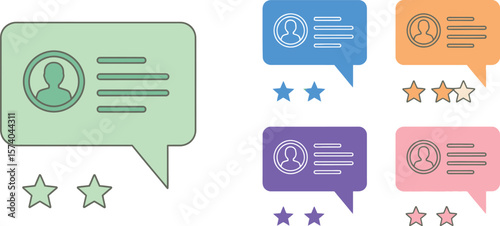 Colorful speech bubbles with profile icons and star ratings on a white background