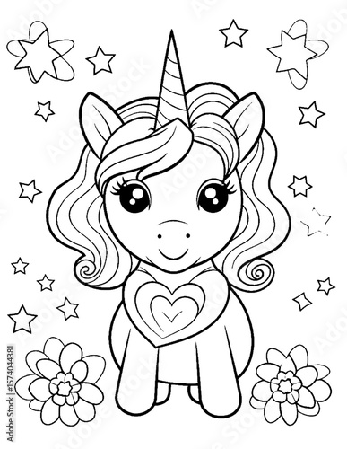 black and white cartoon illustration of  cute unicorn