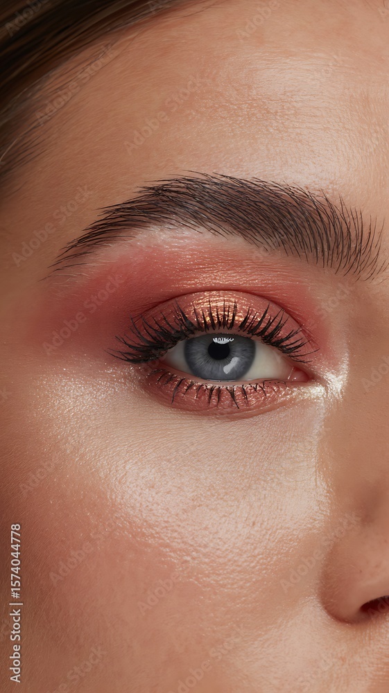 Fototapeta premium Close up shows detailed eye makeup, featuring rose gold eyeshadow and well-defined eyebrow for beauty concept.