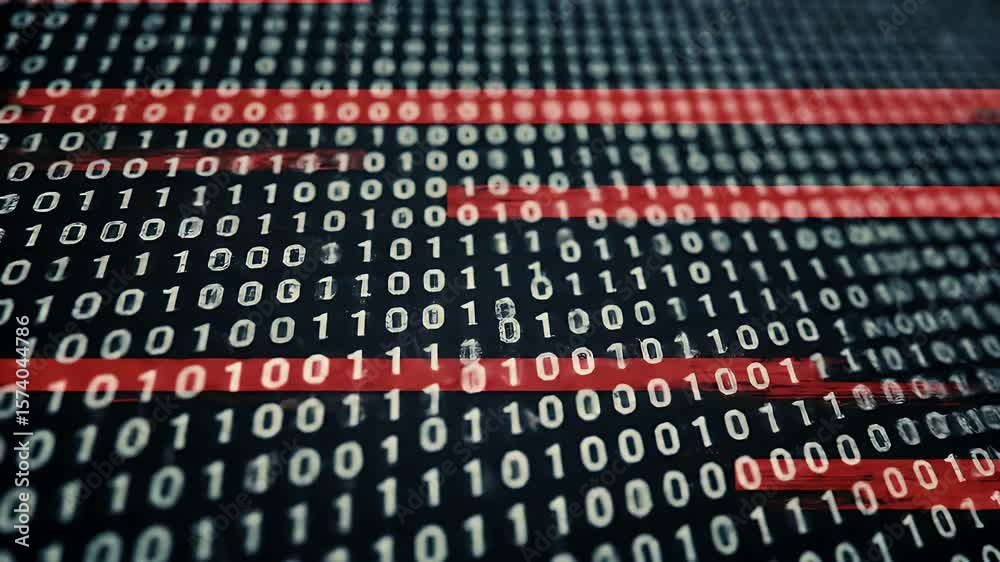 Binary Code Matrix on a Dark Background with Red Highlighted Data ...