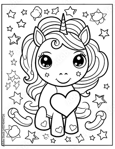 black and white cartoon illustration of  cute unicorn