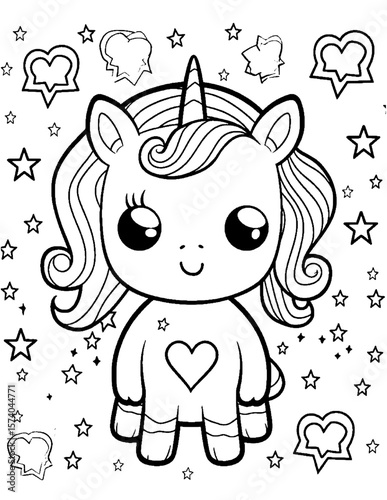 black and white cartoon illustration of  cute unicorn