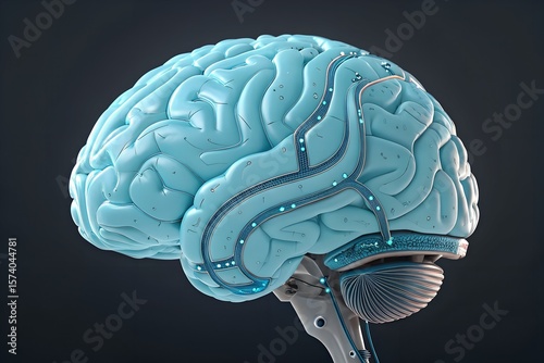 3D rendering of a light blue brain, showcasing intricate details and a futuristic design.