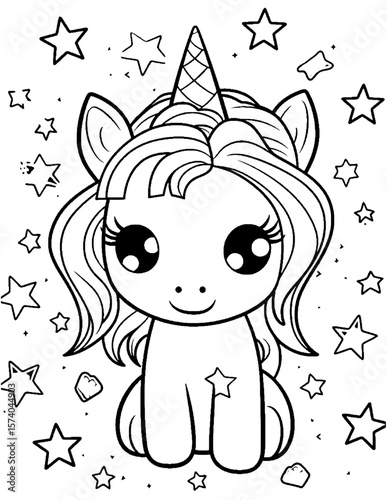 black and white cartoon illustration of  cute unicorn