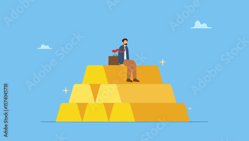 Success businessman, wealth manager, trader or rich investor sitting on stack of gold bar. Symbolizes gold investment, safe haven in financial crisis or wealth management and asset allocation.