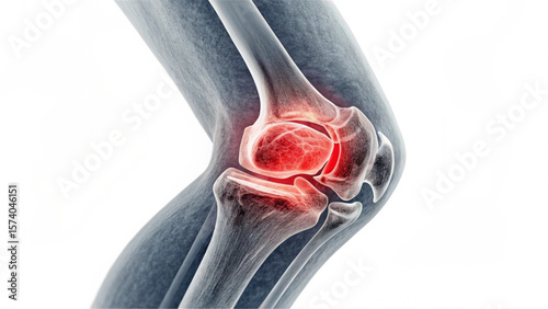 Anatomical knee joint illustration with red inflamed area indicating pain and potential injury created with generated ai
