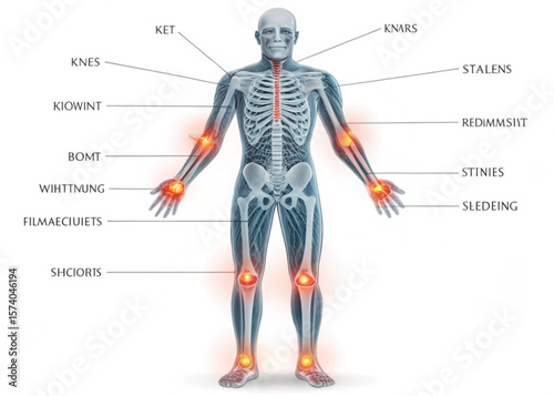 Human body with skeletal system and highlighted areas indicating potential pain points shown frontally created with generated ai