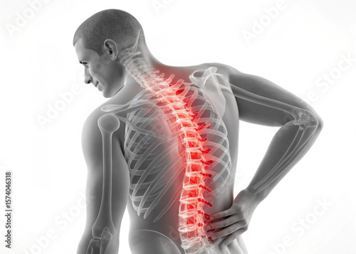 Man with back pain highlighting spine and skeletal structure in red on a white background image view created with generated ai