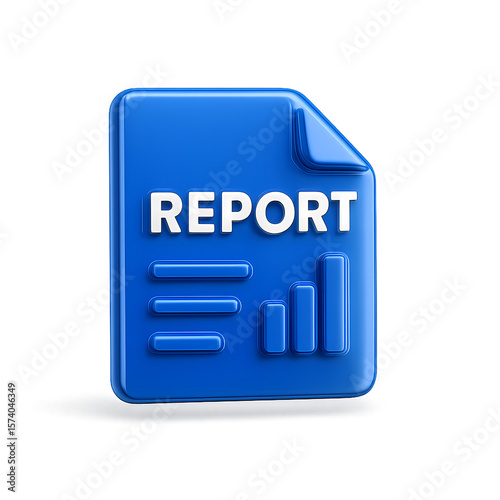 3D report file icon in blue with chart symbols, perfect for representing analytics, statistics, and business intelligence documents or presentations