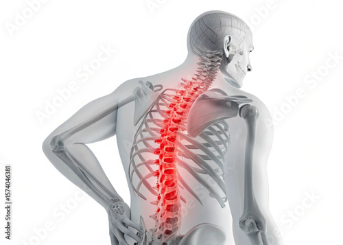 Anatomical illustration of a human skeleton with highlighted spinal column and back pain indication created with generated ai
