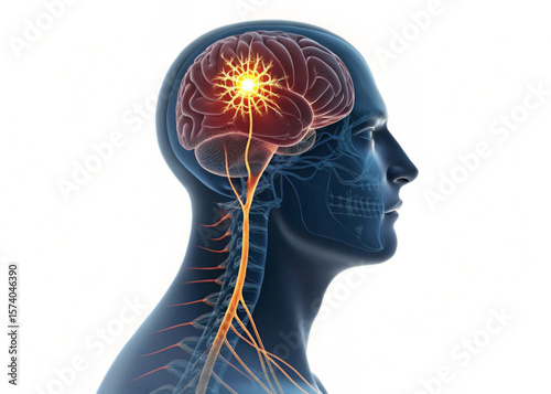 Human head with visible brain and nerve system highlighting neurological activity in the brain area created with generated ai