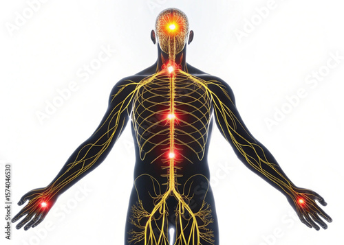 Anatomical illustration of the human nervous system with highlighted points along the spine and extremities created with generated ai