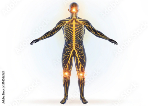 Human body showing nervous system with glowing points at head and knees in anatomical illustration created with generated ai