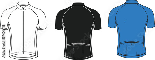 Three cycling jerseys displayed in white black and blue color variations front and back